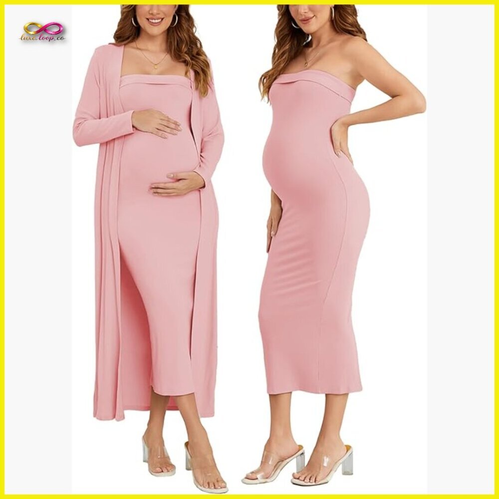 Maternity Tube Dress Long Cardigan Set Ribbed Maxi Bodycon Special Occasion